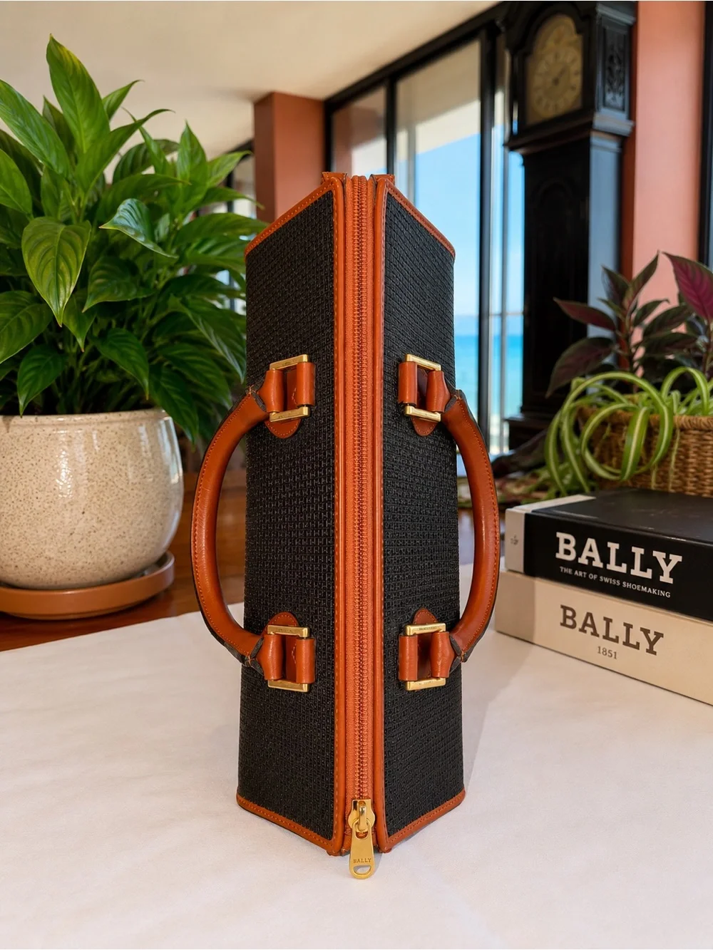 Bally Cognac & Black Structured Satchel Top Handle Bag | Vintage | EUC